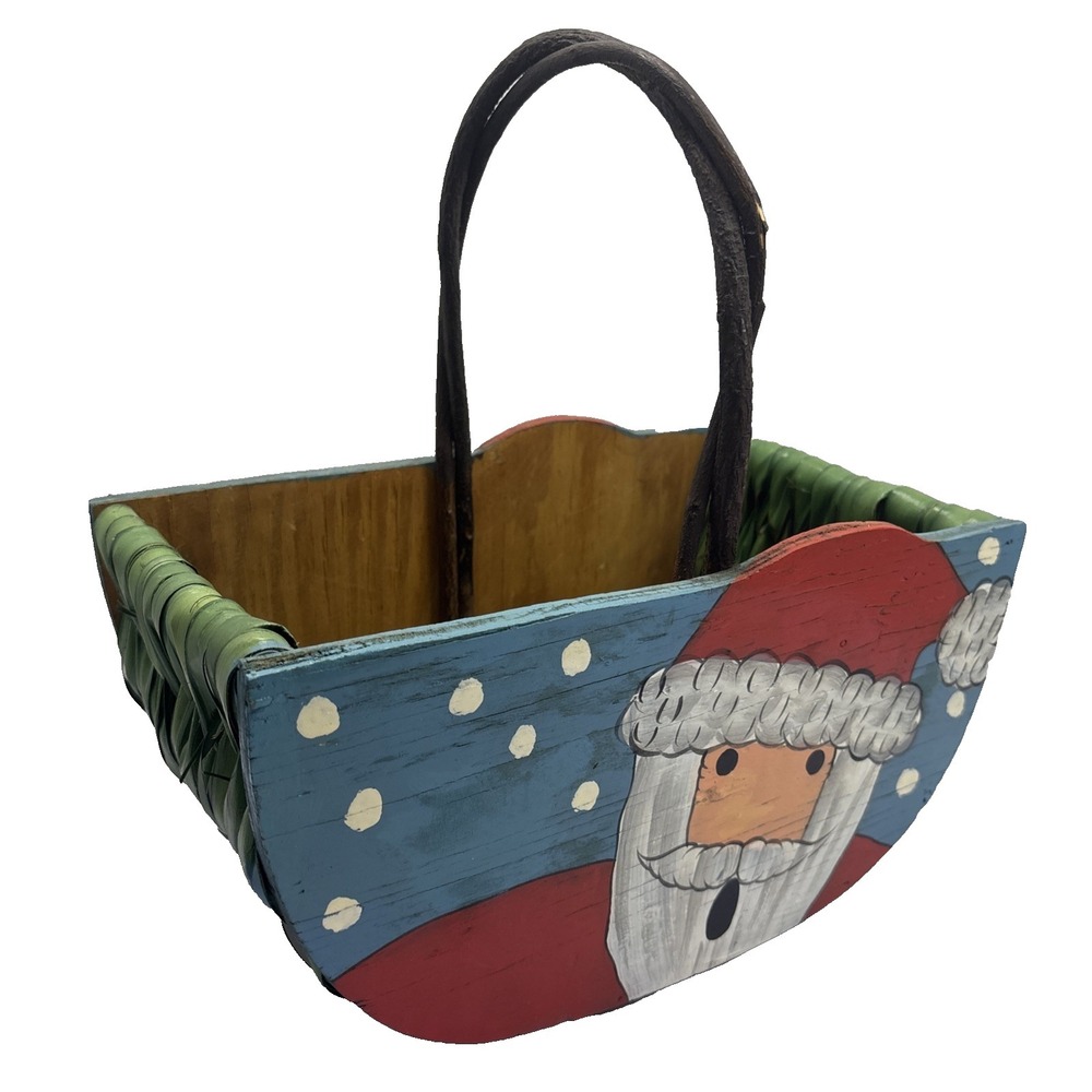 Large Vtg Santa Basket Handmade Hand Painted Palm Branch Sturdy Card Holder